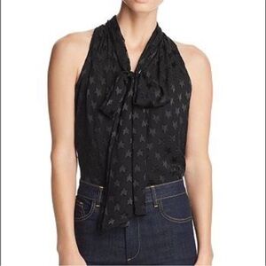 Alice+Olivia Delphine Tie Neck Sleeveless Blouse Burnout Star Pattern Black SZ S